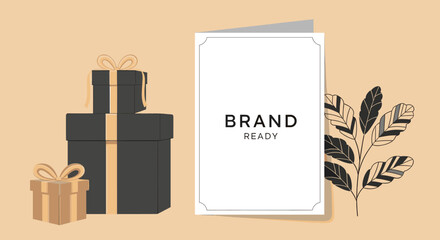 A minimalist composition featuring stacked gift boxes and a greeting card, set against a soft peach background with a decorative plant. © Sekar