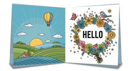 A vibrant open greeting card featuring a scenic landscape on the left and a floral "Hello" design on the right. © Sekar