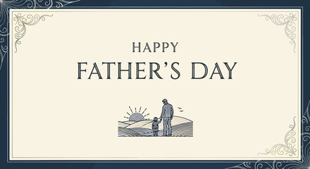 Happy Father's Day greeting card featuring a silhouette of a father and child walking towards a rising sun. © Sekar