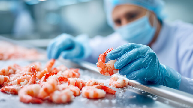 Faceless worker in sterile gloves and a face mask sorting through individually frozen shrimp on a stainless steel inspection table after IQF processing, representing seafood qualit