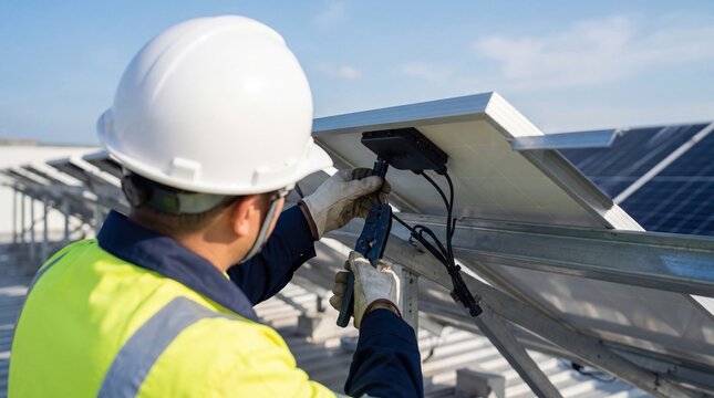 Technician installing solar panel wiring on rooftop, renewable energy construction worker connecting electrical components for sustainable power generation system under blue sky.