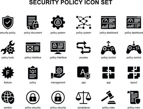 A collection of vector icons representing cybersecurity protocols and organizational compliance management software interface elements