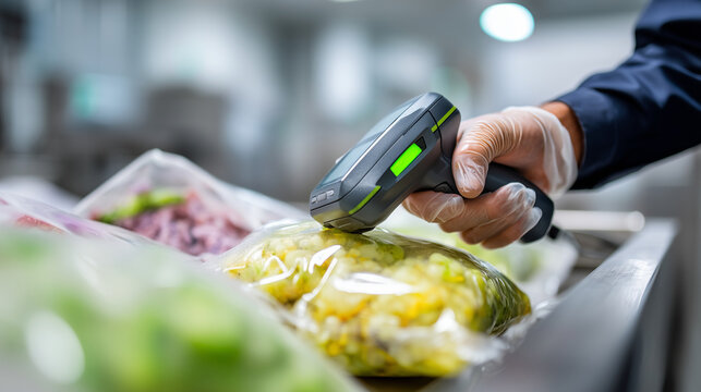 Close-up of a gloved hand using a hand-held scanner to scan a barcode on a bag of frozen vegetables in an IQF facility, representing inventory tracking and product traceability, te