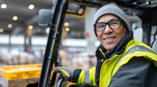 Faceless worker in gloves and cold-weather gear operating a forklift and moving large containers of frozen produce within an IQF facility, representing volume logistics, cold stora
