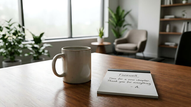 Empty coffee mug and handwritten farewell note on a wooden desk in a modern office