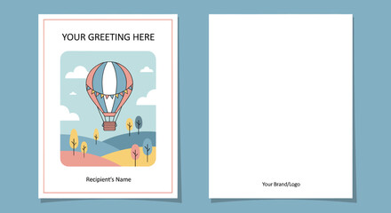 A whimsical greeting card design featuring a hot air balloon floating over rolling hills and trees, with space for personalized text. © megulung