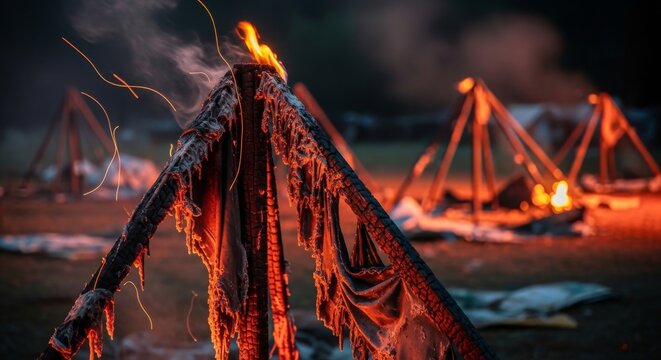 Charred Tent Remains in Glowing Embers of a Fire