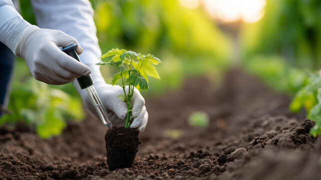 Faceless hands in nitrile gloves taking a core sample of soil from between vine rows for laboratory nutrient analysis, representing terroir management and soil health, bright sun,