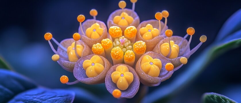 A macro photograph of flower stamens with orange anthers against a dark blue background &mdash; a biological background for scientific illustrations.