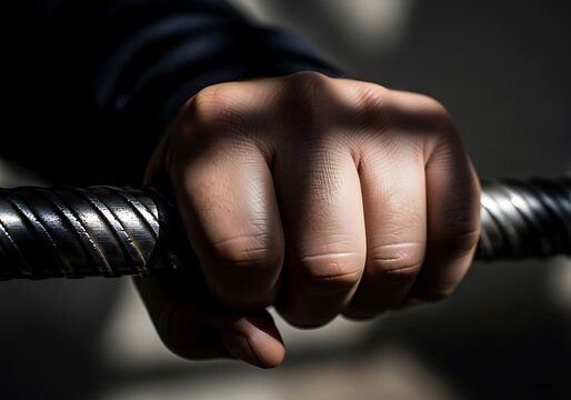 Close-up of a strong hand gripping a textured metal bar