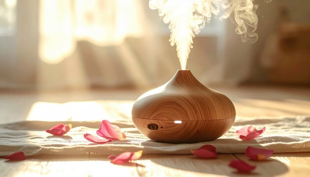 Warm, wooden essential oil diffuser emitting a gentle mist surrounded by soft pink petals and warm sunlight