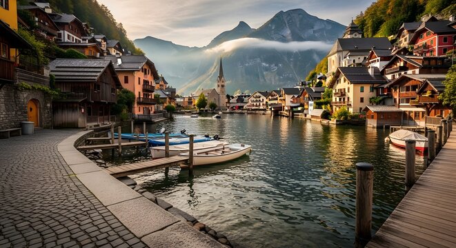 Mountain village with boats docked at lakeside high-quality professional detailed modern elegant stylish clean crisp vibrant colorful digital creative innovative contemporary premium stunning impress