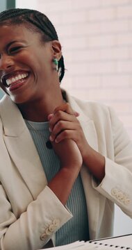 Handshake, meeting and woman with smile in office for deal, celebration and real estate project. Realtor, people and congratulation with shaking hands for property, promotion and resale listing