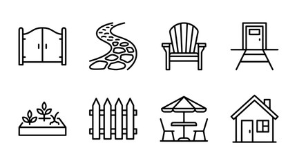 Obraz premium Garden elements vector illustrations of gates pathway furniture and house