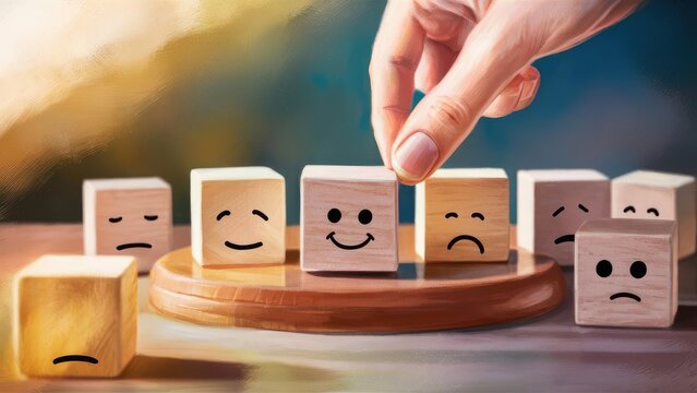 Hand Placing Wooden Block with Happy Face into Circle of Emotional Expression Cubes