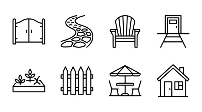 Garden elements vector illustrations of gates pathway furniture and house