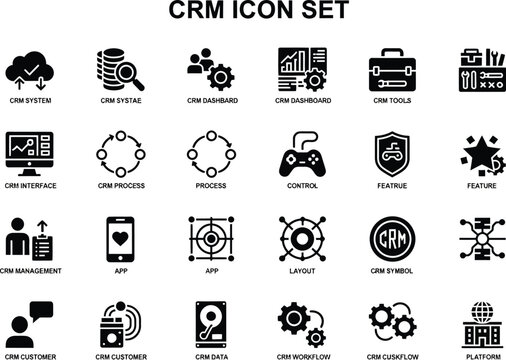 Collection of professional customer relationship management icons for business software and corporate data analysis interfaces