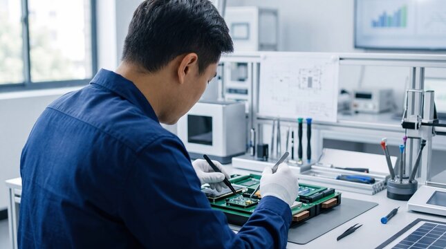 Technician repairing electronic circuit board with precision tools in high tech laboratory, wearing gloves and blue uniform, focusing on microchip maintenance, electronics