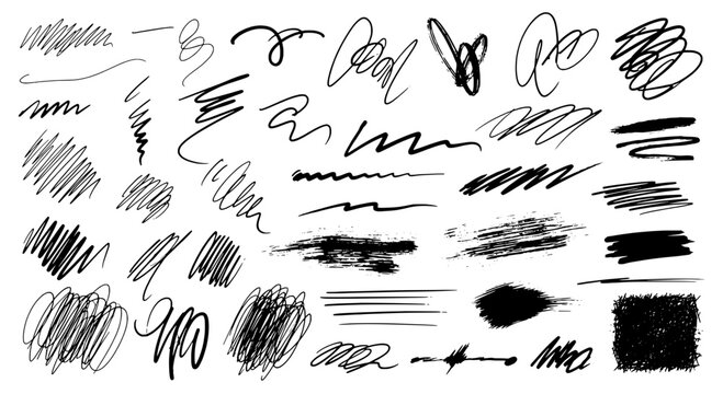 Brush strokes hand drawn set with black curved lines and grunge scrawls on white background featuring illustration, graphic resource, artistic with