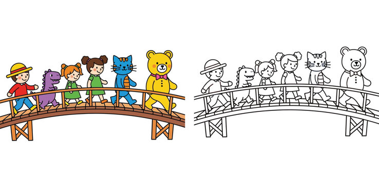 Cute Children and Animal Characters Walking Together on a Bridge - Vector Illustration