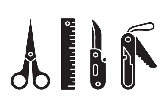 Collection of various tools including scissors ruler pocket knife and multi tool.