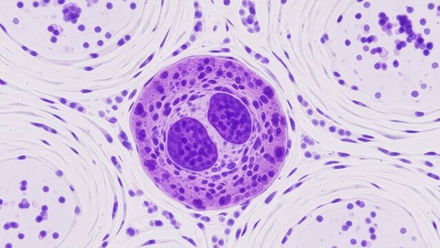 Microscopic view of a multinucleated cell with purple nuclei and cytoplasm, scientific research