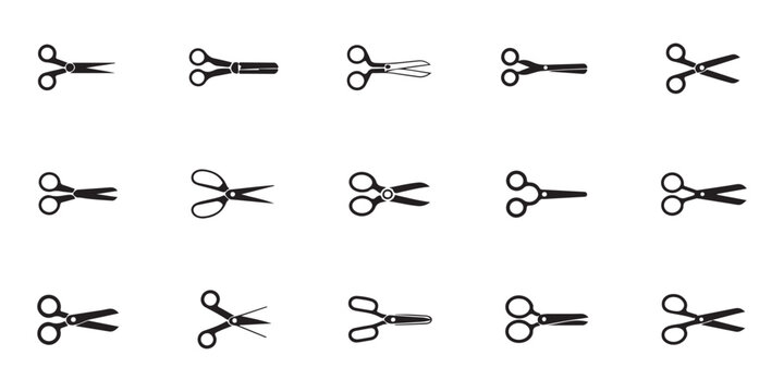 Arrangement of scissors in various styles and orientations for design needs.