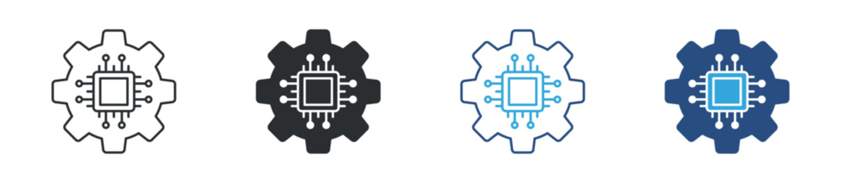 AI settings icon set. Gear and microchip symbol. Smart technology and system configuration icons, vector illustration.