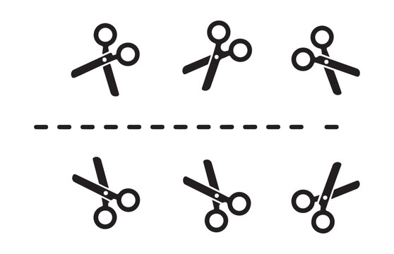 Six pairs of scissors icons above and below dashed line on transparent checkered background.
