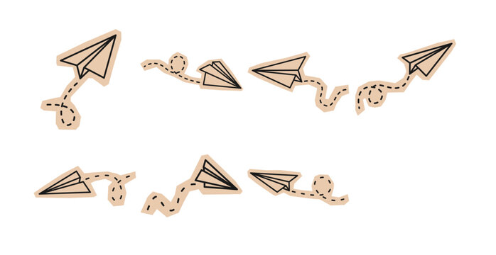 Set of Paper Airplane Cutout Scrapbook Elements With Handmade Torn Paper Style, Flying Origami Concept With Fun Dotted Lines for Creative Craft and Collage Designs. Vector Set
