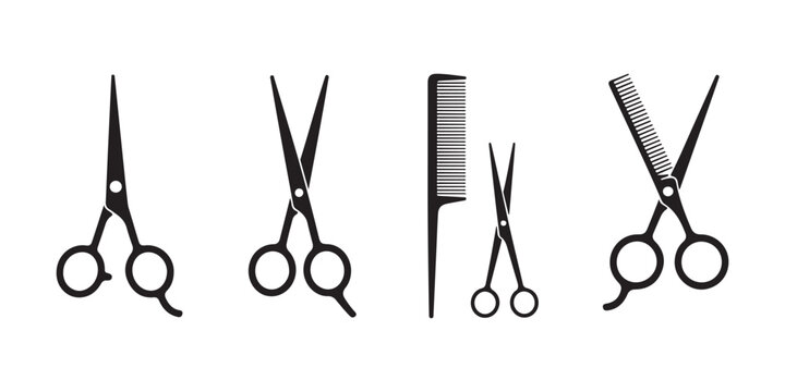 Hairdressing tools set with various scissors and comb black silhouette isolated on transparent background.