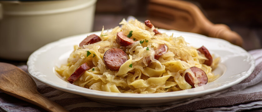 Traditional Polish Łazanki with Sauerkraut and Sausage &ndash; Homemade Comfort Dish. AI generative.
