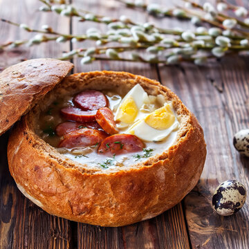 Traditional Polish Żurek Soup Served in Bread Bowl with Sausage and Eggs. AI generative.