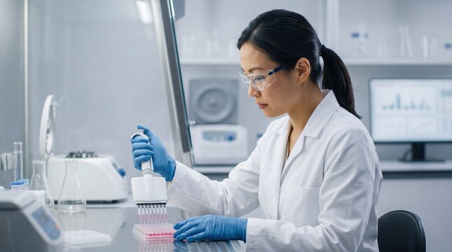 Female scientist working in laboratory, conducting medical research and analysis using pipette for DNA testing, biotechnology and healthcare concept