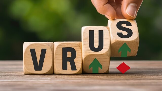 Hand stacking wooden blocks spelling VRUS with upward green arrow symbolizing growth and progress