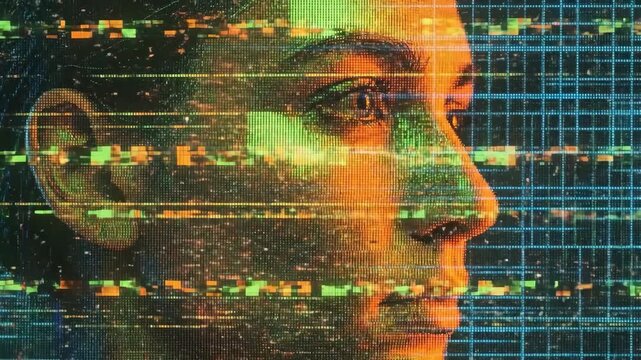 Womans face in digital glitch transformation. Profile view distorting into pixels and grid. Cyber technology visualization for futuristic data concepts.