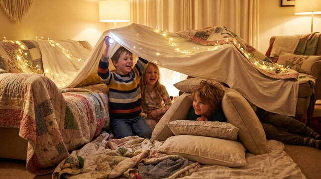 Happy children laughing and playing inside a cozy homemade blanket and pillow fort lit by string lights.