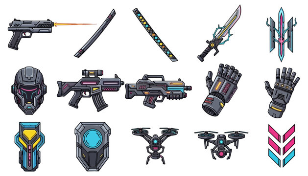 Collection of futuristic weapons and equipment illustrations against a black background