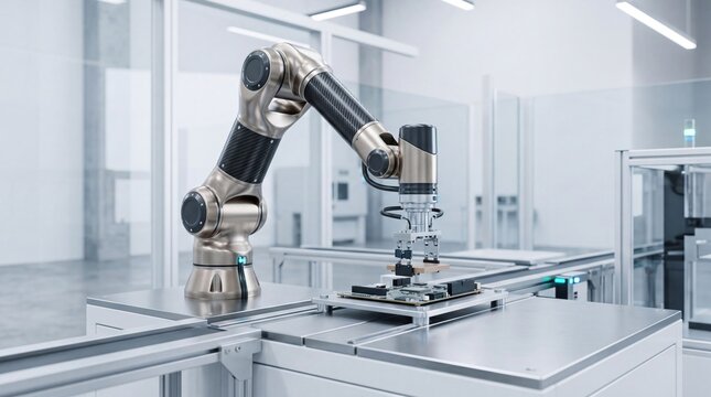 Robotic arm assembling electronic circuit board in smart factory, industrial automation manufacturing process, high tech robotics working on production line, precision engineering