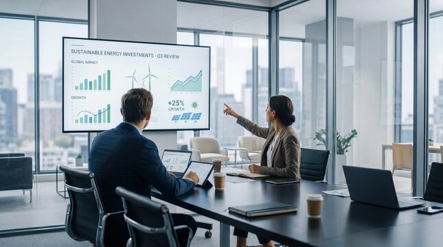 Sustainable energy investments quarterly review presentation in boardroom, business woman pointing at wind turbine and solar panel graphs on screen, green economy growth strategy