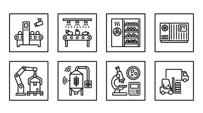 Industrial food processing and packaging workflow icons in vector style