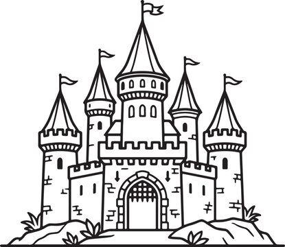 fairy tale castle outline medieval fortress palace black line art vector illustration