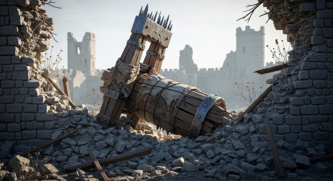 Broken Wooden Siege Ram in Castle Ruins