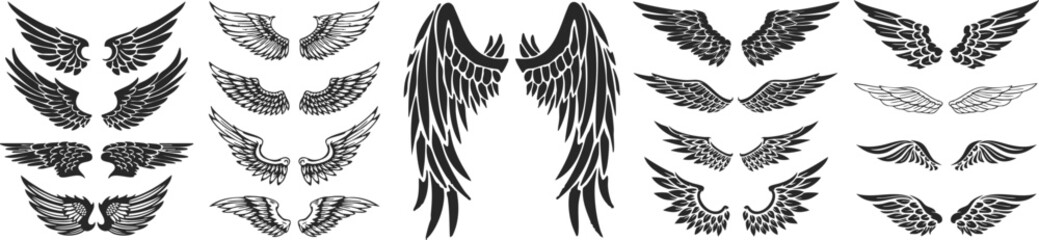 Black angel wings illustration isolated on transparent background hand drawn feather design decorative wing symbol vector © Sikwy