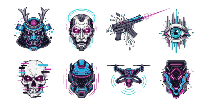 Futuristic cyberpunk vector graphics set on black background