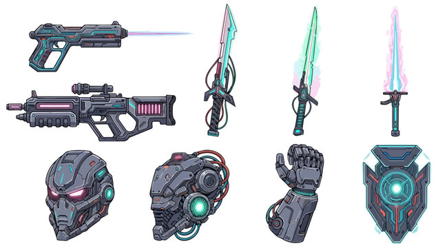 Futuristic weapons and armor set against black backdrop