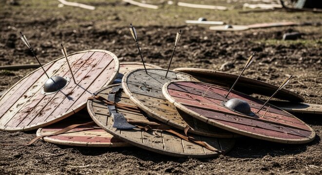 Discarded Viking Shields and Axe on Battlefield