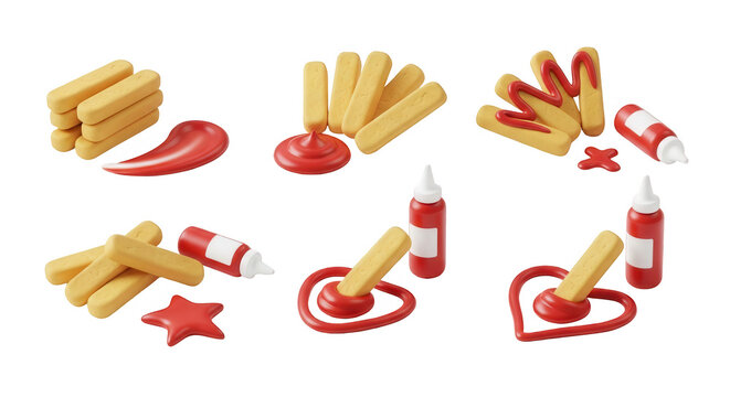 3d rendered fries with ketchup arranged in various fun compositions on a white backdrop food related designs