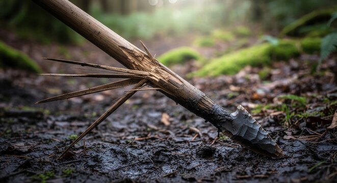 Broken wooden spear with flint head on forest floor