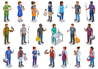 Veterinary and animal care professionals set | diverse veterinarians and pet handlers working with animals | isometric vector illustration style